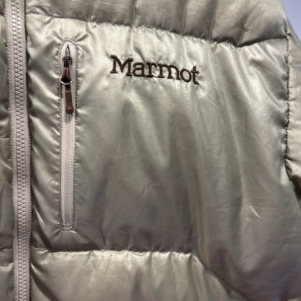 Marmot Guides Down Hoodie Puffer Snowboarding Jacket Large in Green/tan - Picture 3 of 6